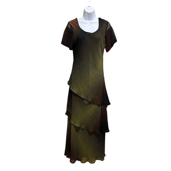 Vintage Nikky Polyester Georgette Green Brown Maxi Dress Size S - Picture 4 of 4